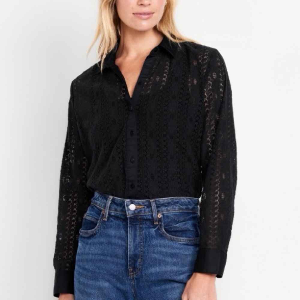 Old Navy Black Lace Long Sleeve Button Down Shirt Size L